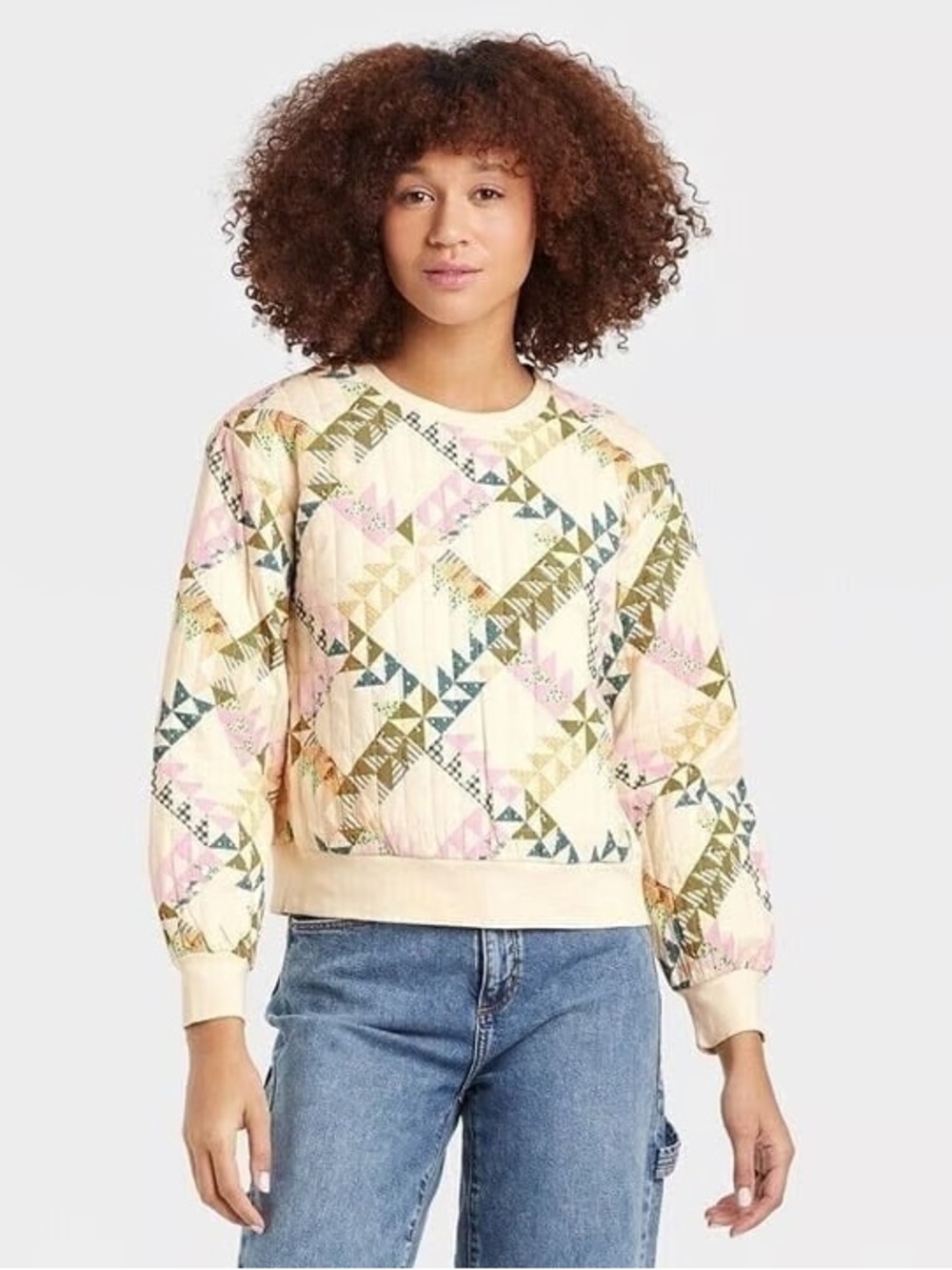 Universal Thread Quilted Crewneck Sweatshirt in Cream with Green & Pink Accents